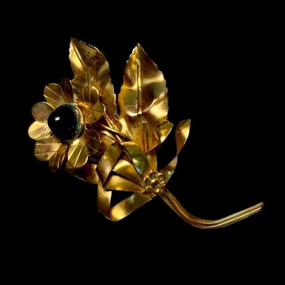 Signed Sterling Vintage Old Large Flower Brooch Pin Black Cabochon Statement - Picture 1 of 8